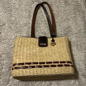 Brighton Raffia Woven Straw Leather Double Strap Shoulder Bag Beige Brown